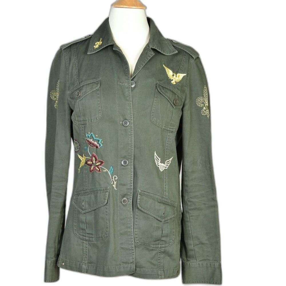 True Meaning Olive Green Button Down Embroidered Jacket Size M (Missing Belt)